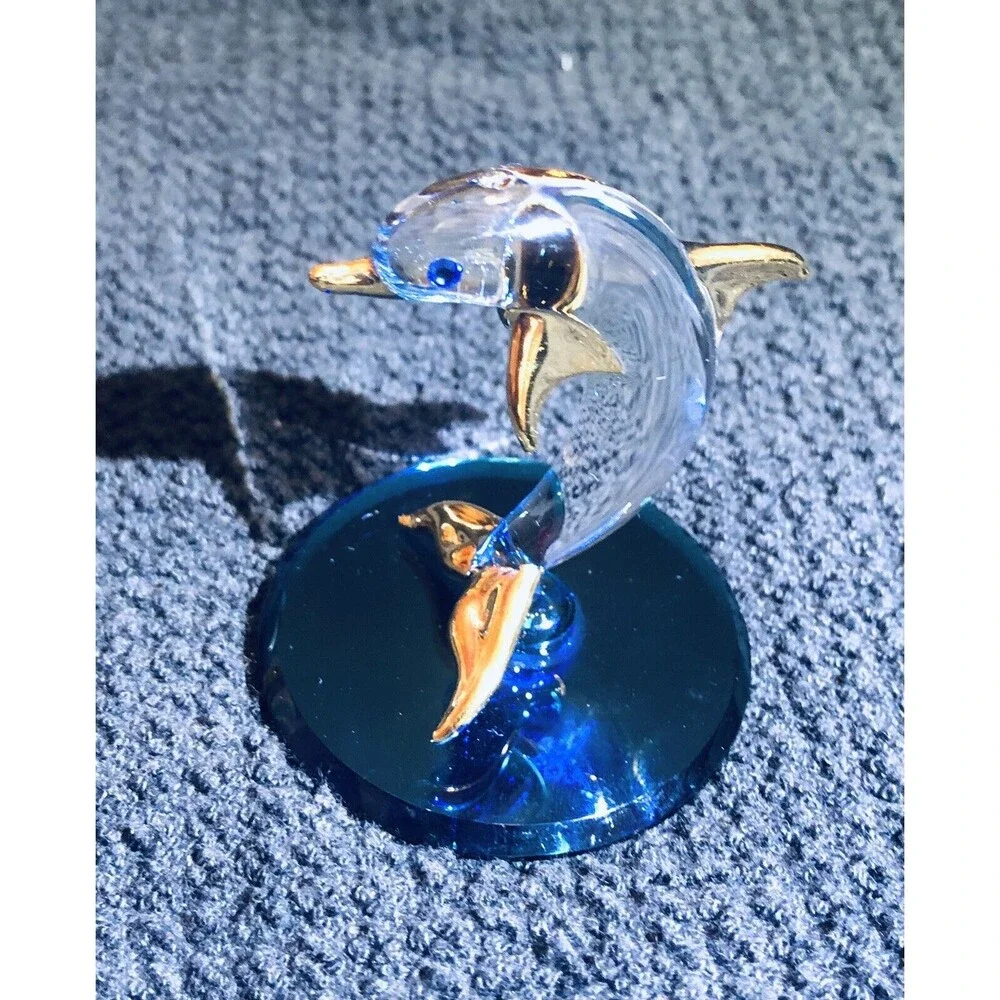 Glass Baron Collectible Crystal Dolphin 2.5” Figurine w/ Gold Trim Accent 280G-B